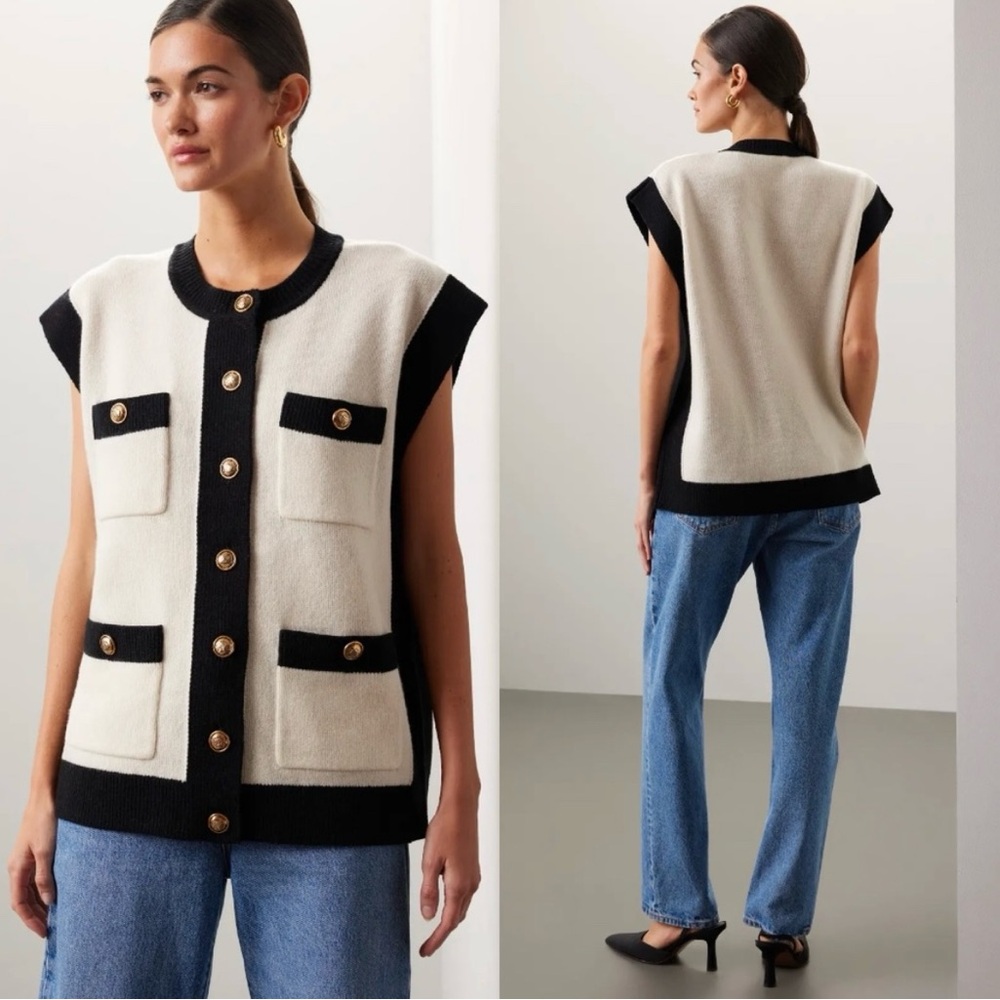 Sandro Black and Cream Vest with Gold Buttons